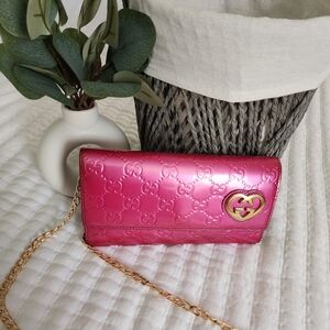 Gucci Long Wallet Fushia Pink Patent Leather Gold Hardwear Authentic